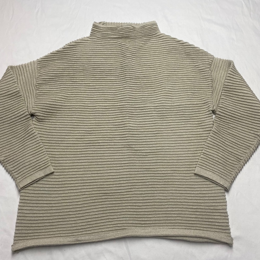 Tahari Womens Champagne Gold Metallic Ribbed Mock Neck Boxy Knit Sweater Medium